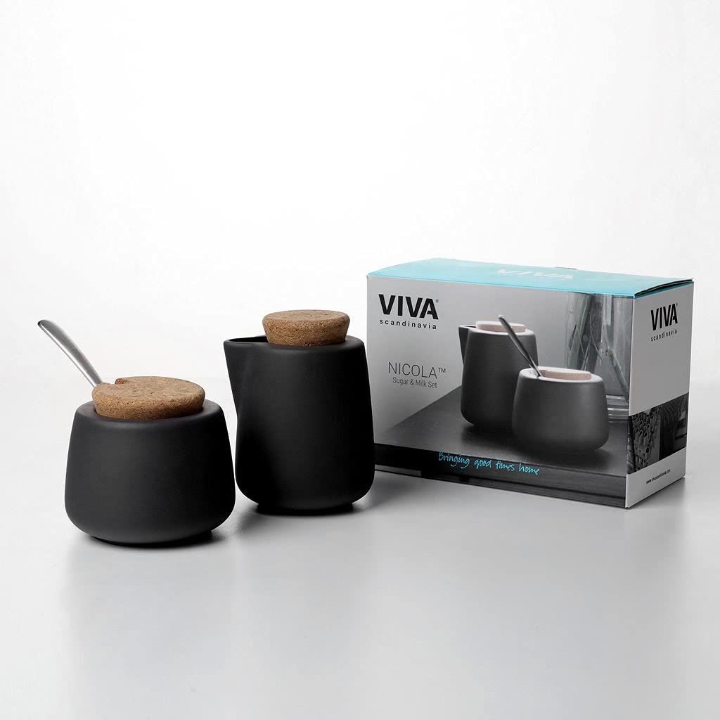 Viva Nicola Holzkohle-Zucker- und Sahnekännchen, Kaffee- und Tee-Servierset aus Porzellan – Sahnekännchen und Zuckerdose mit Korkdeckel und Metalllöffel, 7oz/200 ml Milch und Zucker für die Kaffeebar