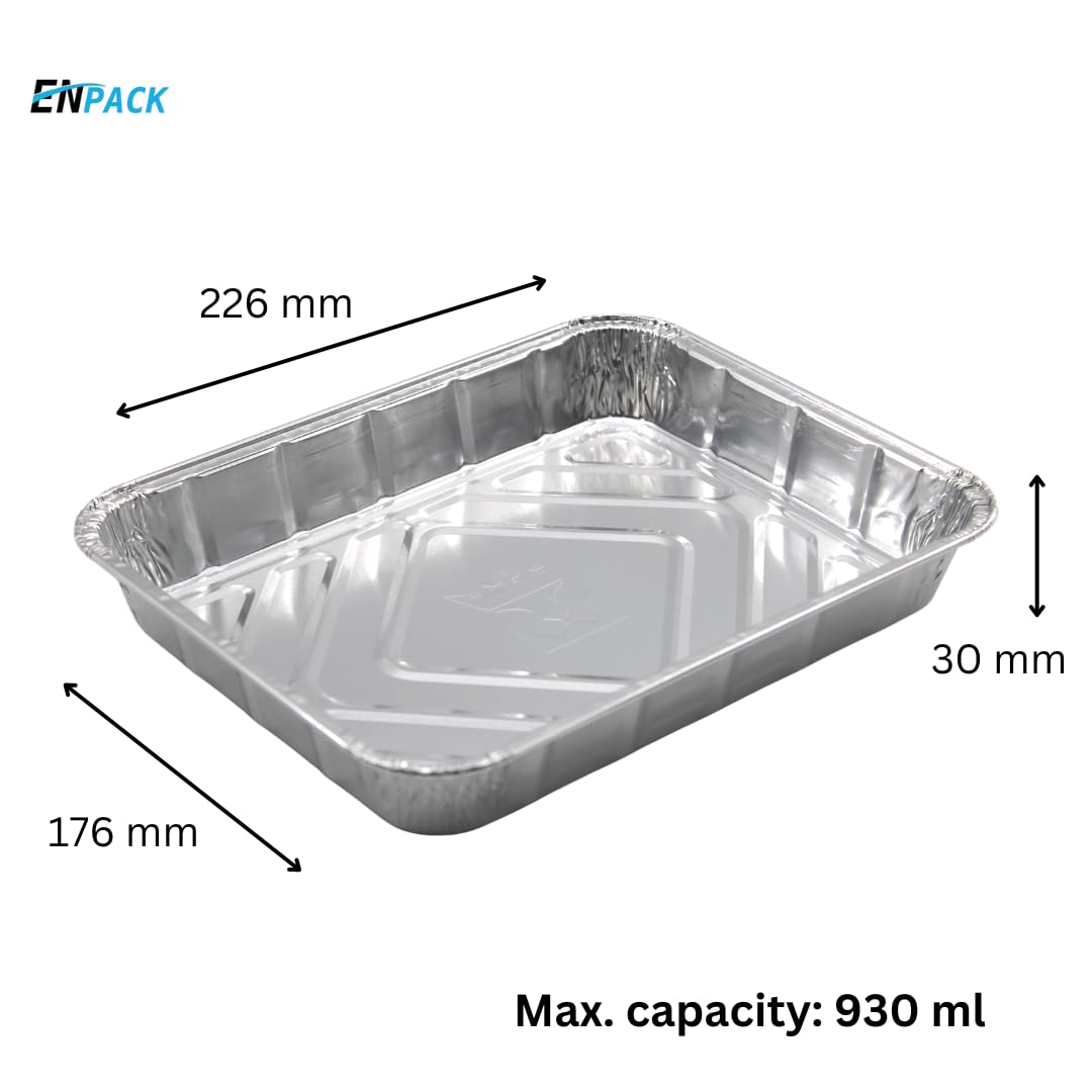 Enpack Aluschale R879-930G - 100 Stück Alu Grillschalen 226x176x30 mm - Feuerfeste Aluschalen 1000ml - Tropfschale/Fettauffangschale zum Grillen, Auflaufform - Aluschalen Grill - Grilltropfschale
