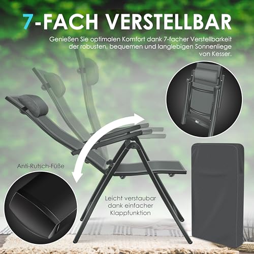 KESSER® Gartenstuhl Hochlehner mit Armlehnen Aluminium Klappstuhl mit Kopfkissen & Cover Campingstuhl 7-Fach Verstellbar Rückenlehne Atmungsaktiv & Wetterfest Klappbar & Anti-Rutsch Anthrazit