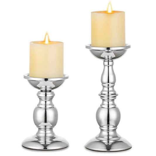 NUPTIO Säulenkerzenhalter Metallkerzenhalter Ideal für 80mm Kerzen, Silberner Kerzenhalter für Wohnzimmer, Gärten, Spa, Aromatherapie, Weihrauchkegel, Hochzeit, Party, 2 Stück
