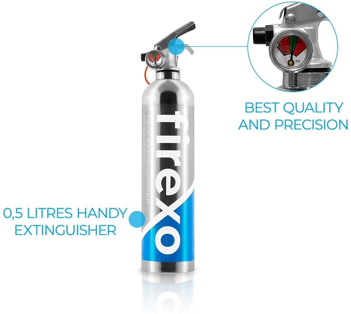 Firexo Klein Feuerlöscher (500ml) - Pulverlöscher für Haushalt, Küche, Grill, Heimgebrauch, Gewerbe, Industrie und Büro - Feuerlöscher für alle Brandklassen