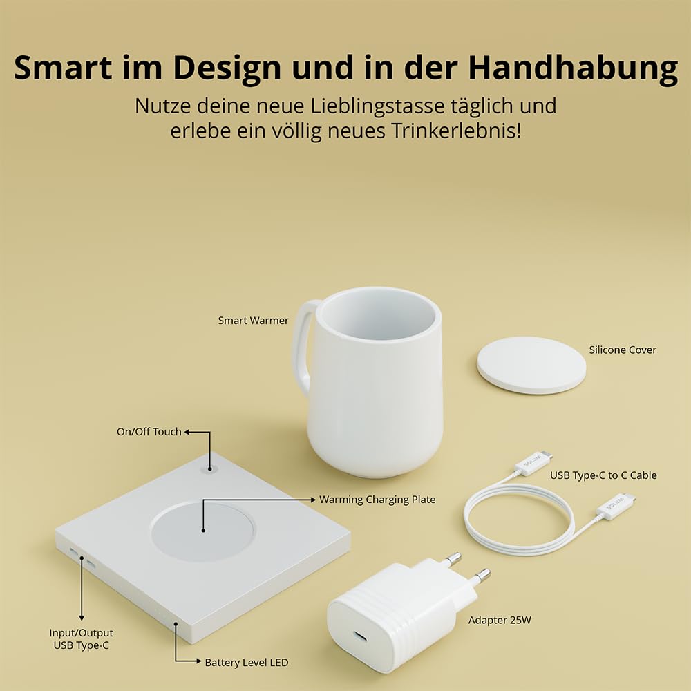 SOLUM Smart Warmer, Wärmetasse, Weiß, 440 ml, 2 Stunden kabelloser Betrieb, für Büro und zuhause