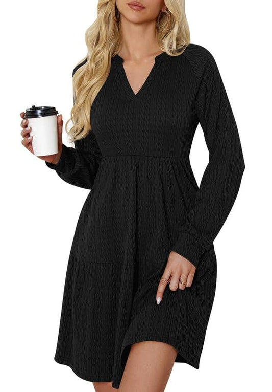 Ritiriko Damen Strickkleid Langarm V-Ausschnitt Pulloverkleid Elegant Knielang Herbstkleid Casual Gestrickt Kleid Herbst Winter A Linien mit Taschen Schwarz S