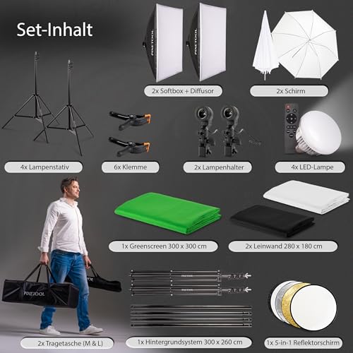 PIXETOOL Fotostudio Set - Greenscreen (3 x 3 m) mit Ständer (0,9 x 2,6 m) - Softbox mit Lampen Set - Green Screen Fotohintergrund - Reflektor - Studiolicht Fotolampe - Streaming Fotografie Zubehör