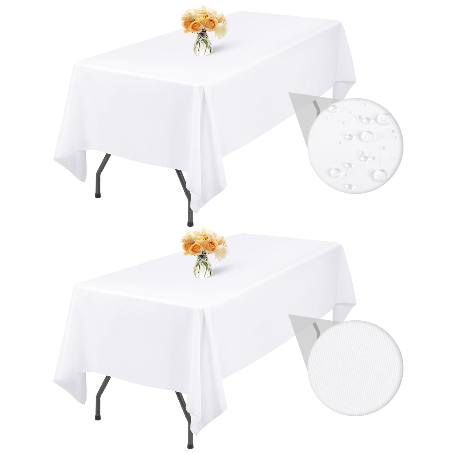 2-Packung Weißer 153x260cm Rechteck Tischdecke Abwischbar, wasserdichte Fleckenbeständige Waschbare Polyester Stoff Tischdecke für Hochzeitsfeier Geburtstag Buffet Camping Drinnen Draußen