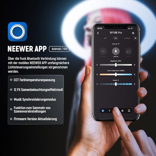 NEEWER Professionelles Ringlicht mit Ständer und Telefonhalter, 18" dünn, 45W 2900K-7000K TLCI98, Fernauslöser und App Steuerung, weichere Beleuchtung für Make up Live Stream TikTok, RP18B Pro Weiß
