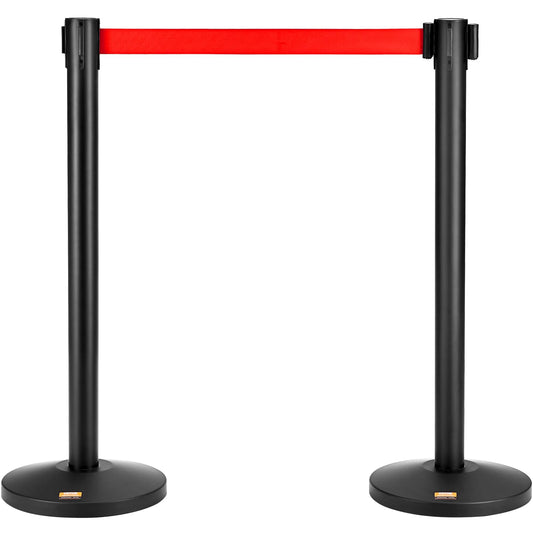 VEVOR Personenleitsystem-Absperrband Schwarzer Absperrständer 2-teilig, 3,3 m x 48 mm Einziehbarer Roter Gürtel, Kohlenstoffstahl Personenleitsystem Absperrpfosten für Flughäfen, Einkaufszentrum