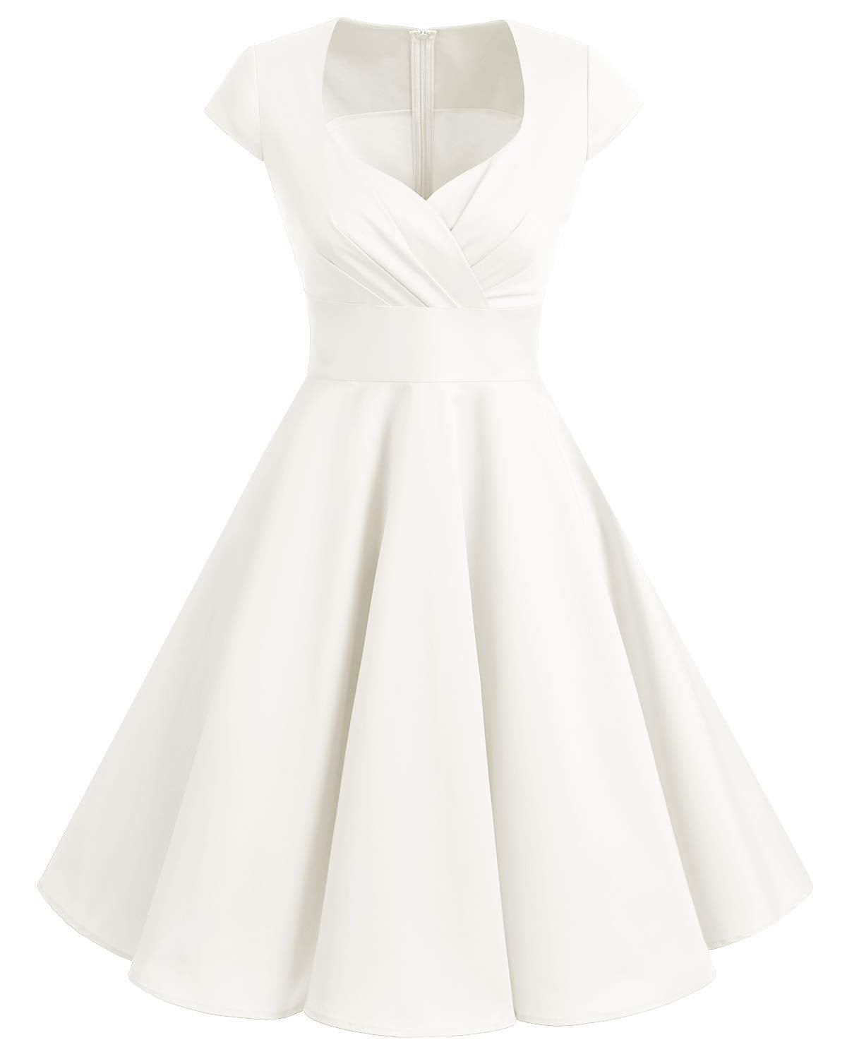 bbonlinedress 1950er Vintage Retro Cocktailkleid Rockabilly V-Ausschnitt Faltenrock White (Creme) M