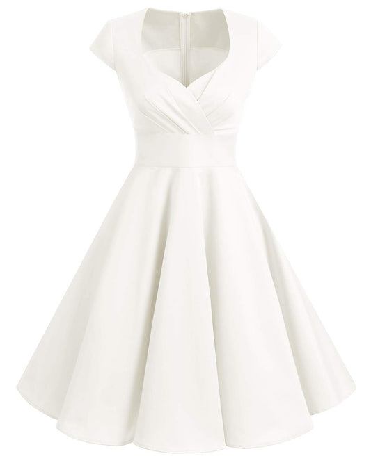 bbonlinedress 1950er Vintage Retro Cocktailkleid Rockabilly V-Ausschnitt Faltenrock White (Creme) M