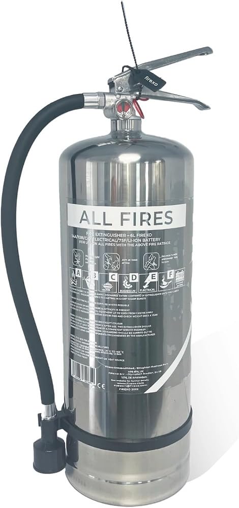Firexo Edelstahl-Feuerlöscher 6L – Mehrzweck-Feuerlöscher für ALLE Feuer inkl. Li-Ionen-Akku brennt! - Notfallsicherheitsausrüstung für zu Hause