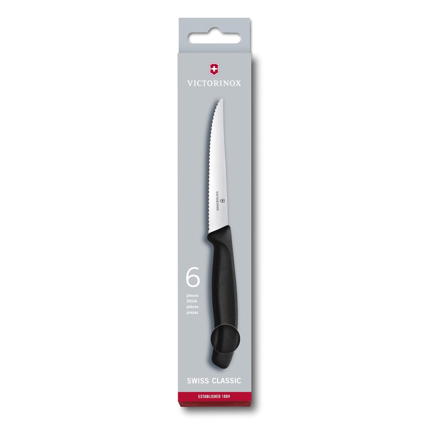 Victorinox Swiss Classic, Profi Steakmesser-Set, 6-teilig, Extra Scharfe Klinge, Wellenschliff, 11 cm, Robuster Kunststoffgriff, Rostfreier Stahl, Schwarz