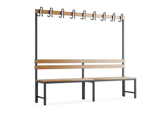 furni24 Umkleidesitzbank mit Stahlrahmen, Garderobenbank Sportraum Bank für Fitnessstudio Buche Echtholz, lackierter, Hakenleiste und TÜV/GS getestet - 200 cm Einseitige - Anthrazit