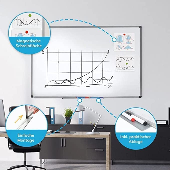 MOB Magnetisches Whiteboard 110x80cm mit Alurahmen und abnehmbare Stiftablage für Büro, Heim und Schule, Magnettafel kratzfest und trocken abwischbar | Magentboard in Hoch- oder Querformat
