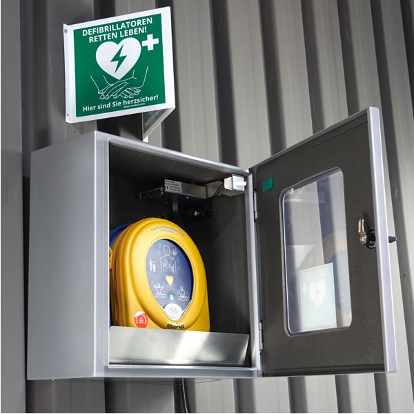 Erste Hilfe Defibrillator (AED) HeartSine SAM 360P, mit automatischer Schockauslösung für Laien und Profis, inkl. klimatisiertem Außenwandkasten mit Alarmen & Beleuchtung IP55