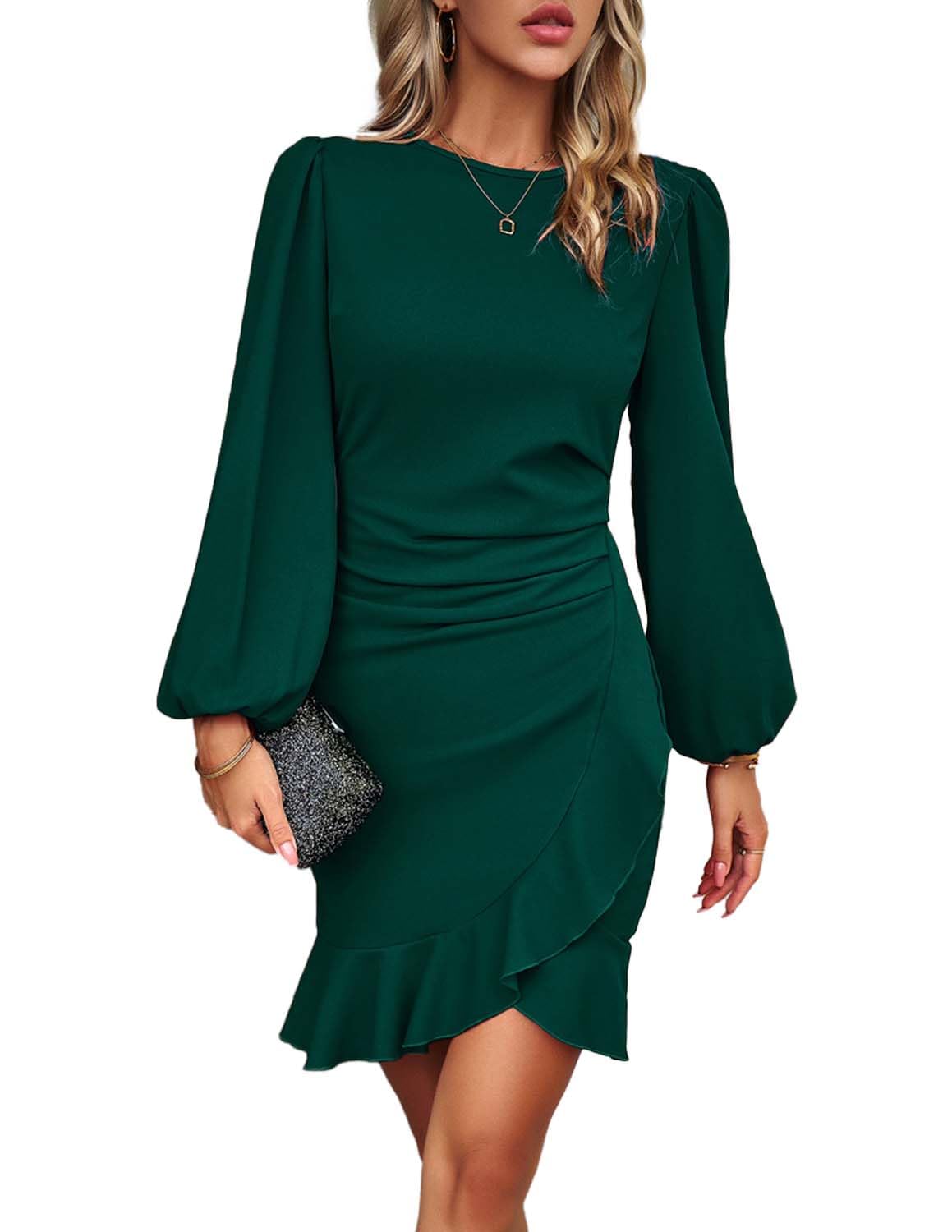 HUXRAKV Damen Elegante Businesskleider Langarm Bodycon Rüschen Puffärmel Einfarbige Abendkleider Vintage Formelles Kleid,WD21-Grün 1,L