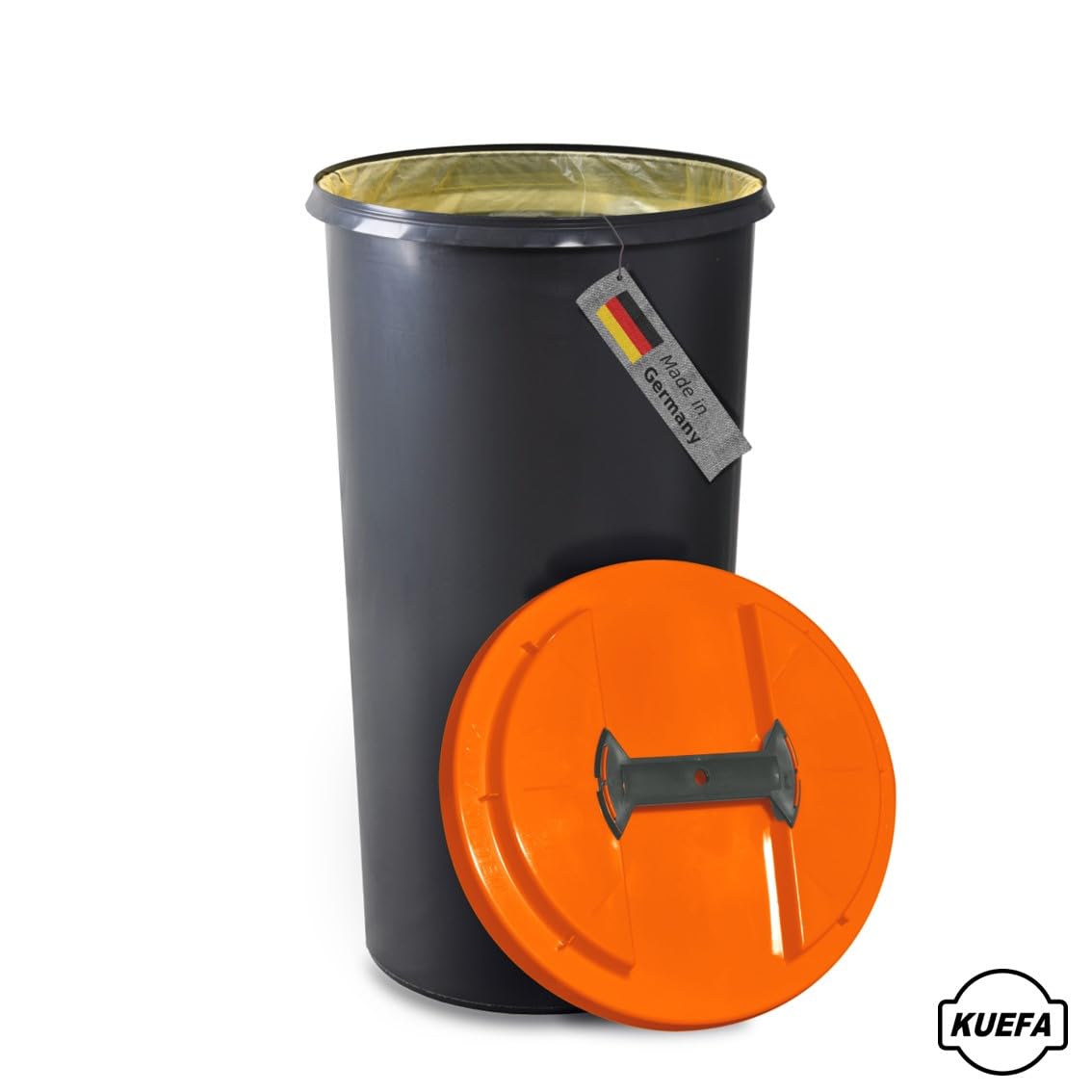 KUEFA BSC 60L Mülleimer, Müllsackständer, Gelber Sack Ständer inkl. Klemm-Ring für Müllbeutel, extra robust, UV- und witterungsbeständig, Sammelbehälter für Pfandflaschen und Leergut (Orange)