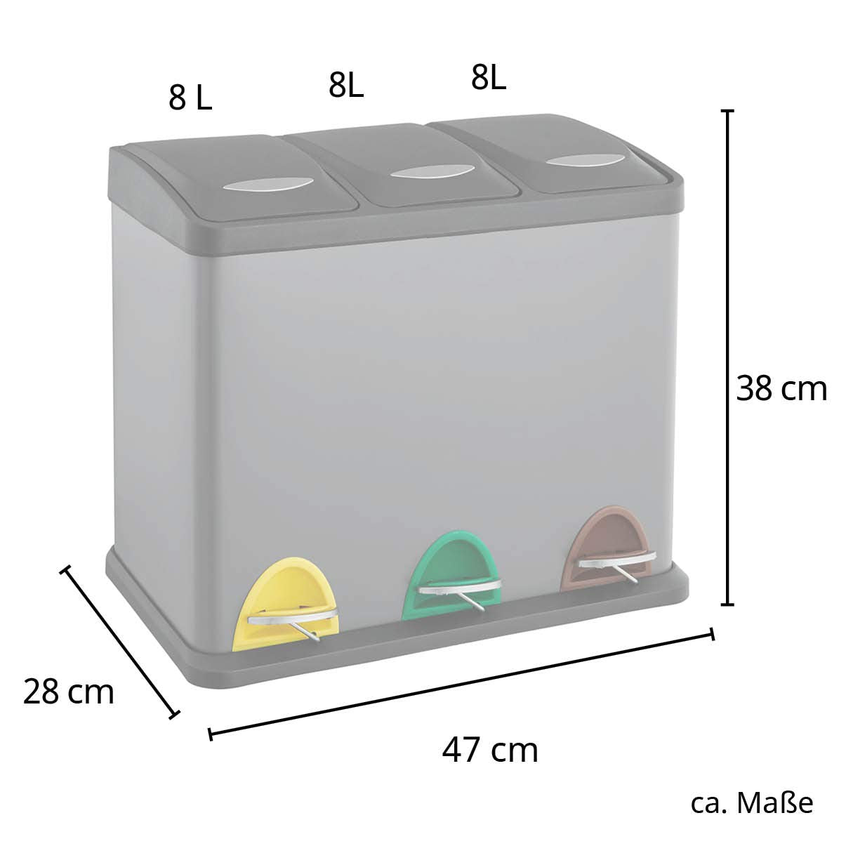 SVITA TC3X8 Küchen-Eimer 24 Liter 3X 8L pulverbeschichteter Stahl dreifach Abfalleimer 3er-Mülleimer Mülltrennung Treteimer mit Deckel Grau mit Pedalen und herausnehmbaren Eimern