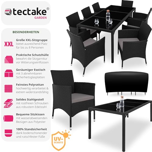 tectake® edles Outdoor Gartenmöbel Set Rattan Sitzgruppe mit Sessel und Tisch für 8 Personen, inkl. Schutzhülle und Polstern, Balkon Möbel wetterfest - schwarz/grau