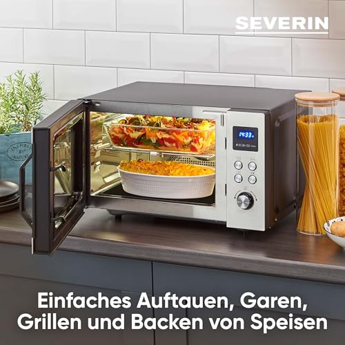 SEVERIN 3-in-1 Mikrowelle mit Grill und Ultra-Heißluftfunktion bis 230 C°, Grillen auf 2 Ebenen, flacher Glasboden statt Drehteller, XXL-Nutzfläche, leichte Reinigung, 25L, Edelstahl, MW 7777