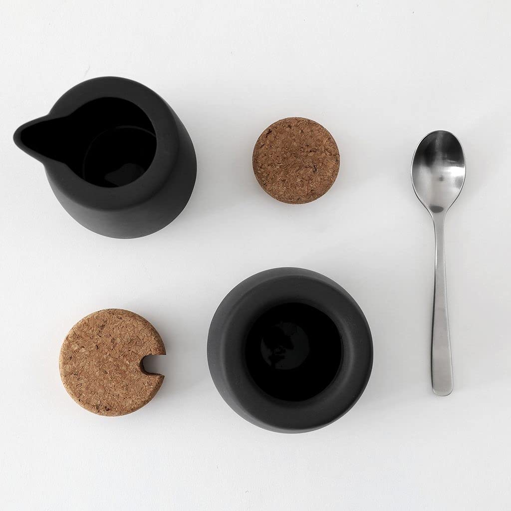 Viva Nicola Holzkohle-Zucker- und Sahnekännchen, Kaffee- und Tee-Servierset aus Porzellan – Sahnekännchen und Zuckerdose mit Korkdeckel und Metalllöffel, 7oz/200 ml Milch und Zucker für die Kaffeebar