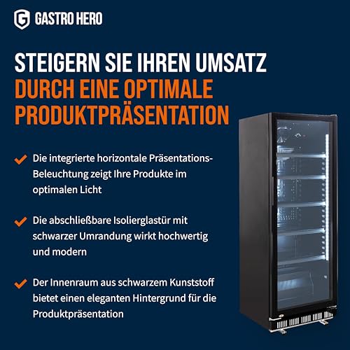 GastroHero Getränkekühlschrank GK-360BB für die Gastronomie, 4 verstellbare Einlegeböden, 360 Liter Kühlraumvolumen, Kühlschrank mit Glastür, Innenbeleuchtung, Abschließbar, Gastronomiebedarf, Schwarz