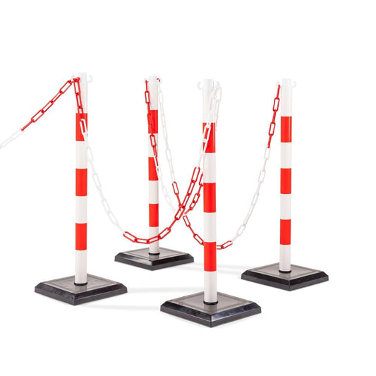 Steinbock Kettenständer 4 Stück | HxBxT 90 x 28 x 28 mm | 12,5 m Kettenlänge | Rot/Weiß | betongefüllte Fußplatte | Absperren von Innen- und Außenbereichen | standsicherer Ketten-Warnständer