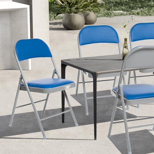 Generisch 4er-Pack Klappstühle mit gepolsterten Sitzen, gepolsterter Klappstuhl mit Stahlrahmen für Veranstaltungen im Home Office, Klappstuhl aus Pu-Leder, blau