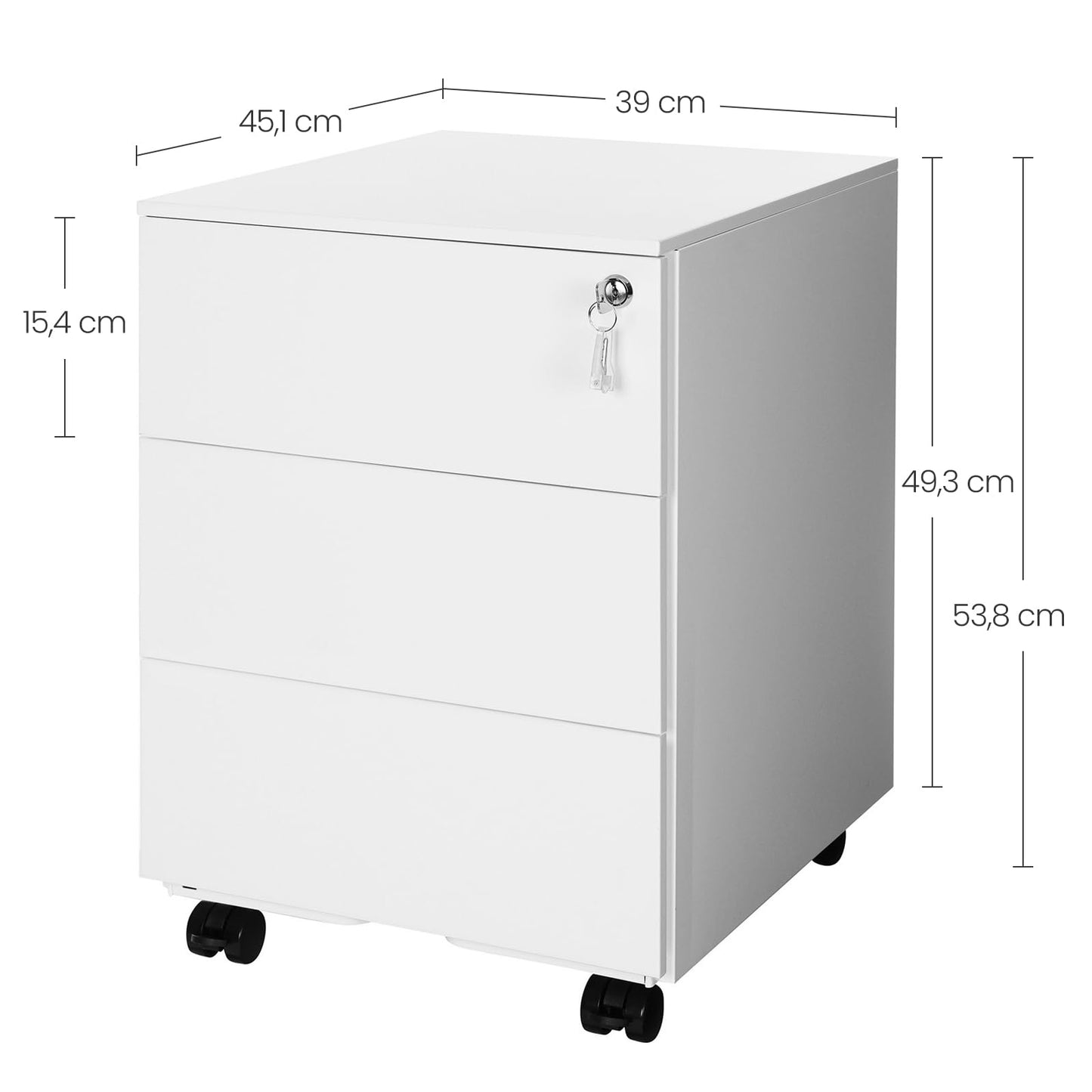 SONGMICS Rollcontainer, Metallschrank, mobiler Aktenschrank, Druckertisch, abschließbar, 3 Schubladen, Unterschrank, vormontiert, Büro, Homeoffice, 45,1 x 39 x 53,8 cm, wolkenweiß OFC63WT