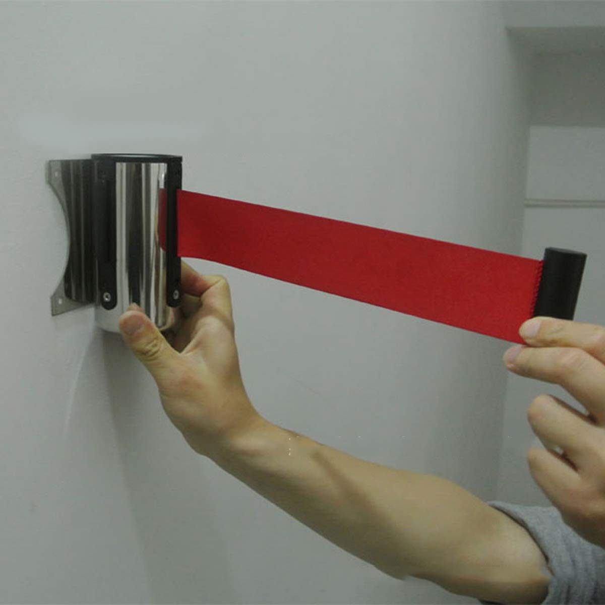 Edelstahl Absperrband,Yueser 2 x 3M Edelstahl Einzeihbar Wand Montiert Absperrung Einziehbar Absperrständer Massenkontrolle Absperband (Rot)