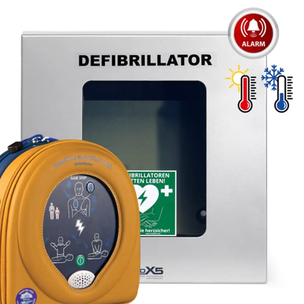 Erste Hilfe Defibrillator (AED) HeartSine SAM 360P, mit automatischer Schockauslösung für Laien und Profis, inkl. klimatisiertem Außenwandkasten mit Alarmen & Beleuchtung IP55