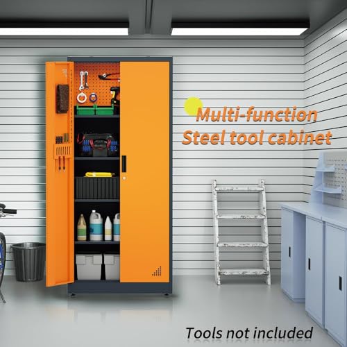 VCGGAIP Werkzeugschrank mit 2 Türen und 4 verstellbaren Regalen Aufbewahrungsschränke Garagenschränke abschließbar Metallschrank für Büro, Zuhause, Garage (Dunkelgrau und Orange)
