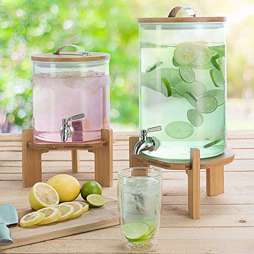Getränkespender mit tropfsicheren Zapfhahn aus Edelstahl Wasserspender aus Glas mit Bambus Ständer und Deckel Limonadenspender aus hitzebeständigen Borasilikatglas (8 Liter)