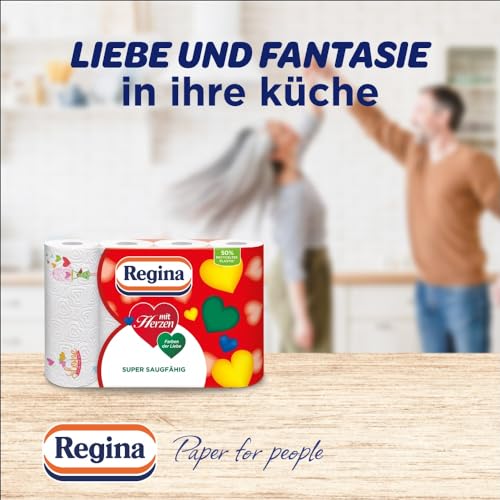 Regina mit Herzen Haushaltstücher 3-lagig, 32 Rollen-Packung (8 x 4 Einzelpackungen), 43 Blatt pro Rolle, Super saugfähig, Dick, Beständig, SC®-zertifiziertes Papier