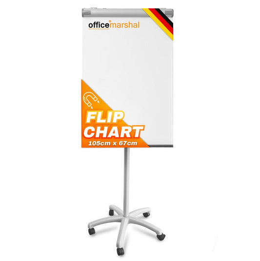 OfficeMarshal Flipchart Whiteboard mobil mit Rollenfuss Ständer 73x105cm | Höhenverstellbar bis 210cm, Beschreibbar, Trocken abwischbar, magnetisch | Flip Chart mit Magnettafel rollbar & Seitenarmen