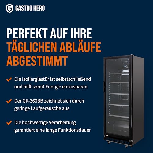 GastroHero Getränkekühlschrank GK-360BB für die Gastronomie, 4 verstellbare Einlegeböden, 360 Liter Kühlraumvolumen, Kühlschrank mit Glastür, Innenbeleuchtung, Abschließbar, Gastronomiebedarf, Schwarz