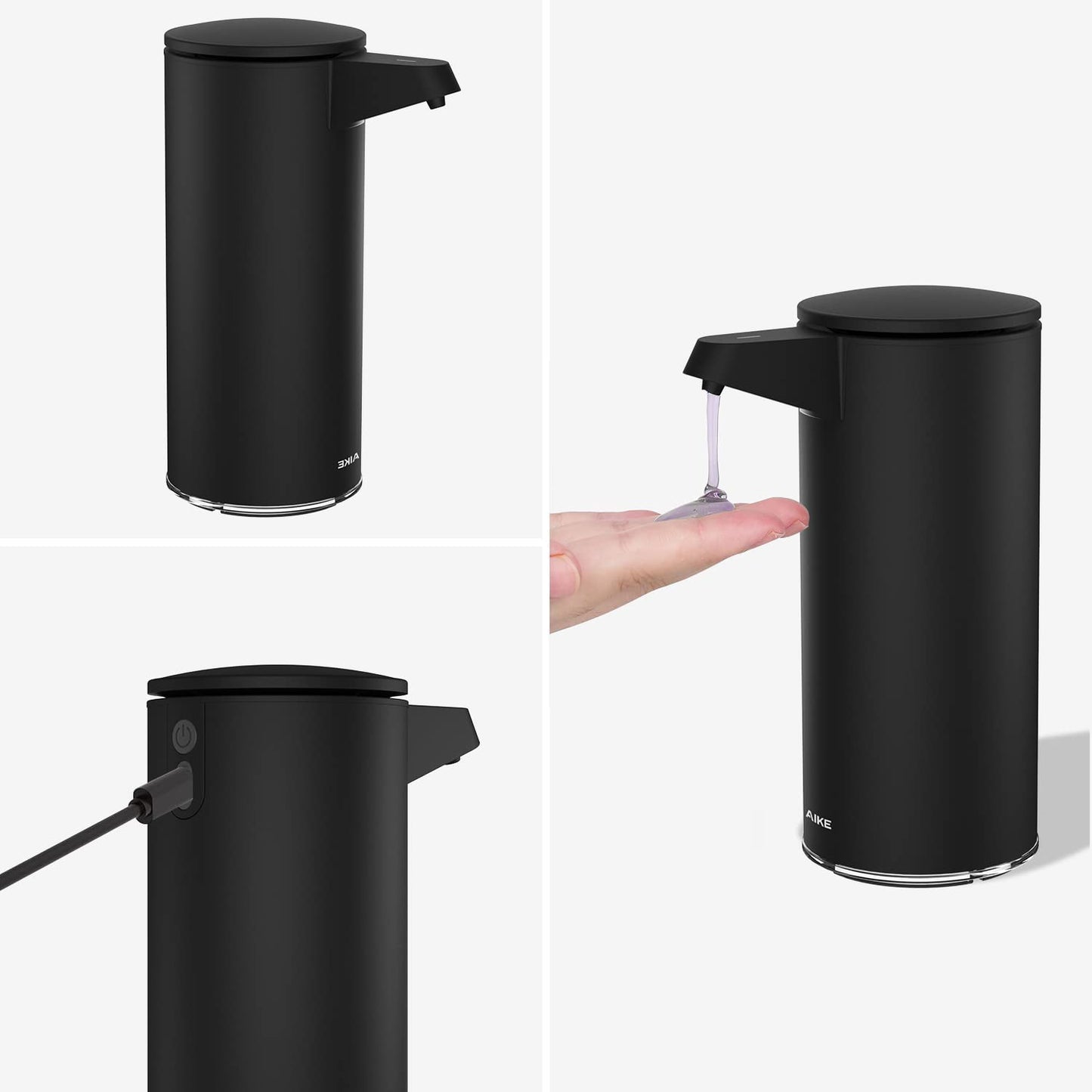 AIKE Seifenspender Automatisch Edelstahl mit Sensor Infrarot, 280ml Berührungsloser Automatischer Seifenspender USB-Aufladung
