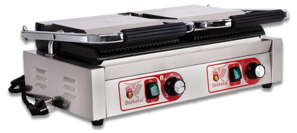 Beeketal 'BKG8' Gastro Doppelt Kontaktgrill mit Gusseisen Grillpatten (oben gerillt unten glatt) mit Fettauffangschale, Profi Edelstahl Elektrogrill ideal als Panini Grill Maker oder Sandwich Toaster