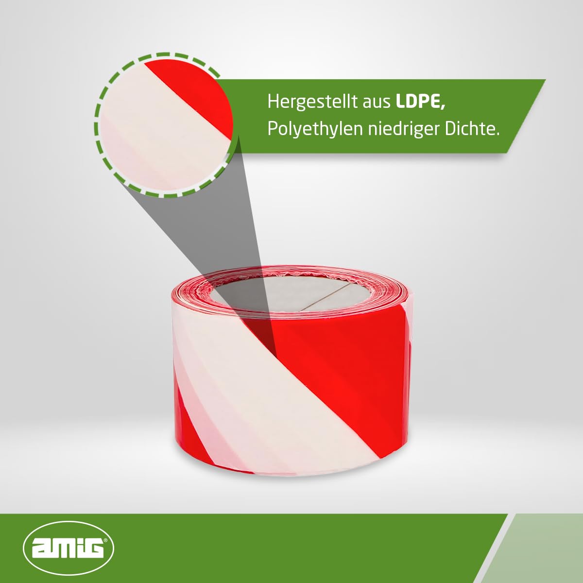 Amig - Absperrband | Hergestellt aus Niederdruck - Polyethylen LDPE | Maße: 200 m Länge x 70 mm Breite | Signalband zur Abgrenzung von Sicherheitsbereichen | Farbe: Rot und Weiß