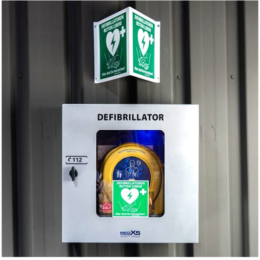 Erste Hilfe Defibrillator (AED) HeartSine SAM 360P, mit automatischer Schockauslösung für Laien und Profis, inkl. klimatisiertem Außenwandkasten mit Alarmen & Beleuchtung IP55