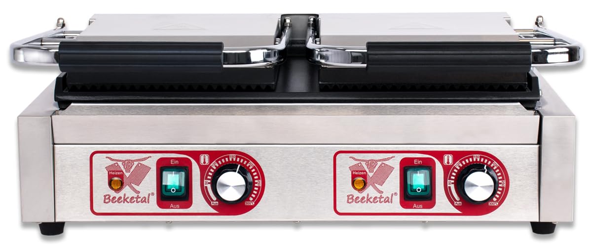 Beeketal 'BKG8' Gastro Doppelt Kontaktgrill mit Gusseisen Grillpatten (oben gerillt unten glatt) mit Fettauffangschale, Profi Edelstahl Elektrogrill ideal als Panini Grill Maker oder Sandwich Toaster