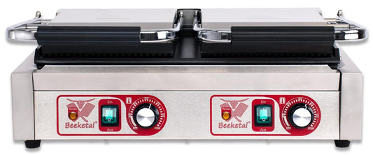 Beeketal 'BKG8' Gastro Doppelt Kontaktgrill mit Gusseisen Grillpatten (oben gerillt unten glatt) mit Fettauffangschale, Profi Edelstahl Elektrogrill ideal als Panini Grill Maker oder Sandwich Toaster