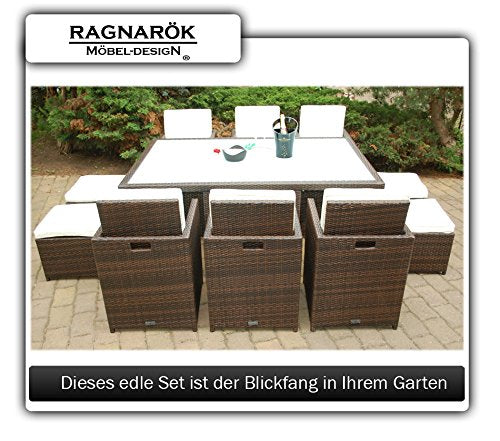 Ragnarök-Möbeldesign PolyRattan Essgruppe DEUTSCHE Marke - EIGNENE Produktion Tisch + 6 Stuhl & 4 Hocker - 8 Jahre GARANTIE - Garten Möbel incl. Glas und Sitzkissen braun Gartenmöbel