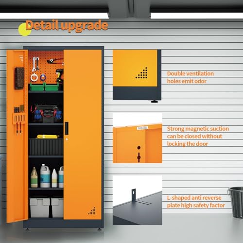 VCGGAIP Werkzeugschrank mit 2 Türen und 4 verstellbaren Regalen Aufbewahrungsschränke Garagenschränke abschließbar Metallschrank für Büro, Zuhause, Garage (Dunkelgrau und Orange)