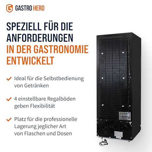 GastroHero Getränkekühlschrank GK-360BB für die Gastronomie, 4 verstellbare Einlegeböden, 360 Liter Kühlraumvolumen, Kühlschrank mit Glastür, Innenbeleuchtung, Abschließbar, Gastronomiebedarf, Schwarz