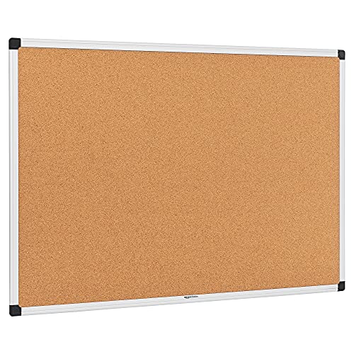 Amazon Basics Notizbrett aus Kork, Rechteckig Aluminumrahmen, 90 x 60 cm, silber