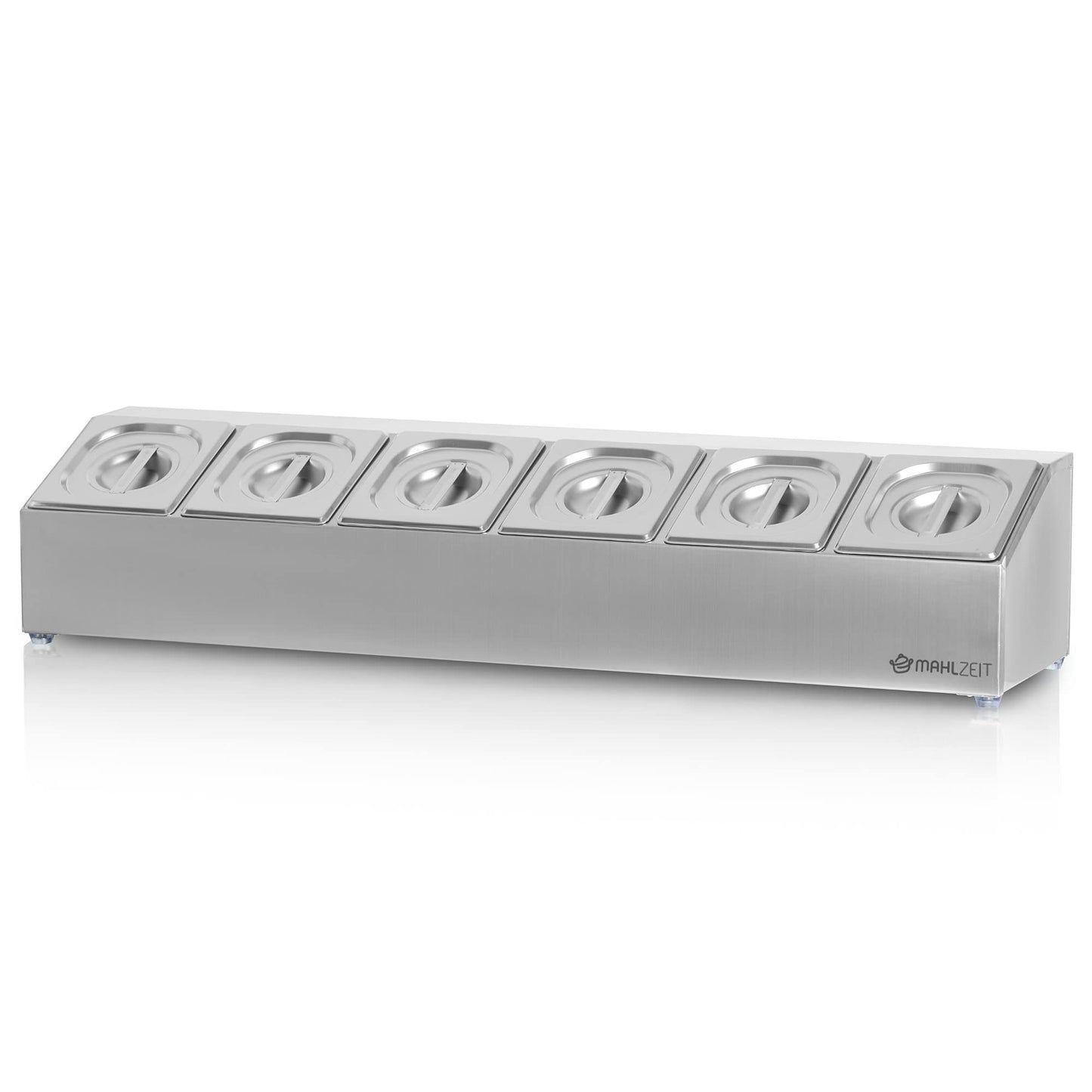 Mahlzeit Edelstahl Zutatenbehälter | 6 x 1/6 GN Catering Behälter mit Gummifüßen | 102,5 x 24,5 x 21,5 cm | Cocktail Zutatenbehälter Bar für Gastro, Küche, Pizza Station, Buffet Zubehör, Salatbar