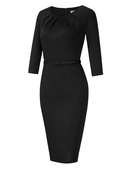 KOJOOIN Damen Etuikleid Business Bodycon Knielang Kleider Langarm Vintage Cocktailkleid mit Gürtel Schwarz L