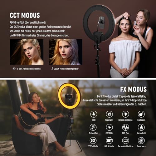NEEWER 18" Ringlicht Set mit Randbeleuchtung, 45W 3300Lux 2900K-7000K 12 Szenen Ringleuchte mit APP 2,4G PC Mac Steuerung, Fernbedienung, Stativtasche für Make up, TikTok, Ins, Live Stream, RL45B