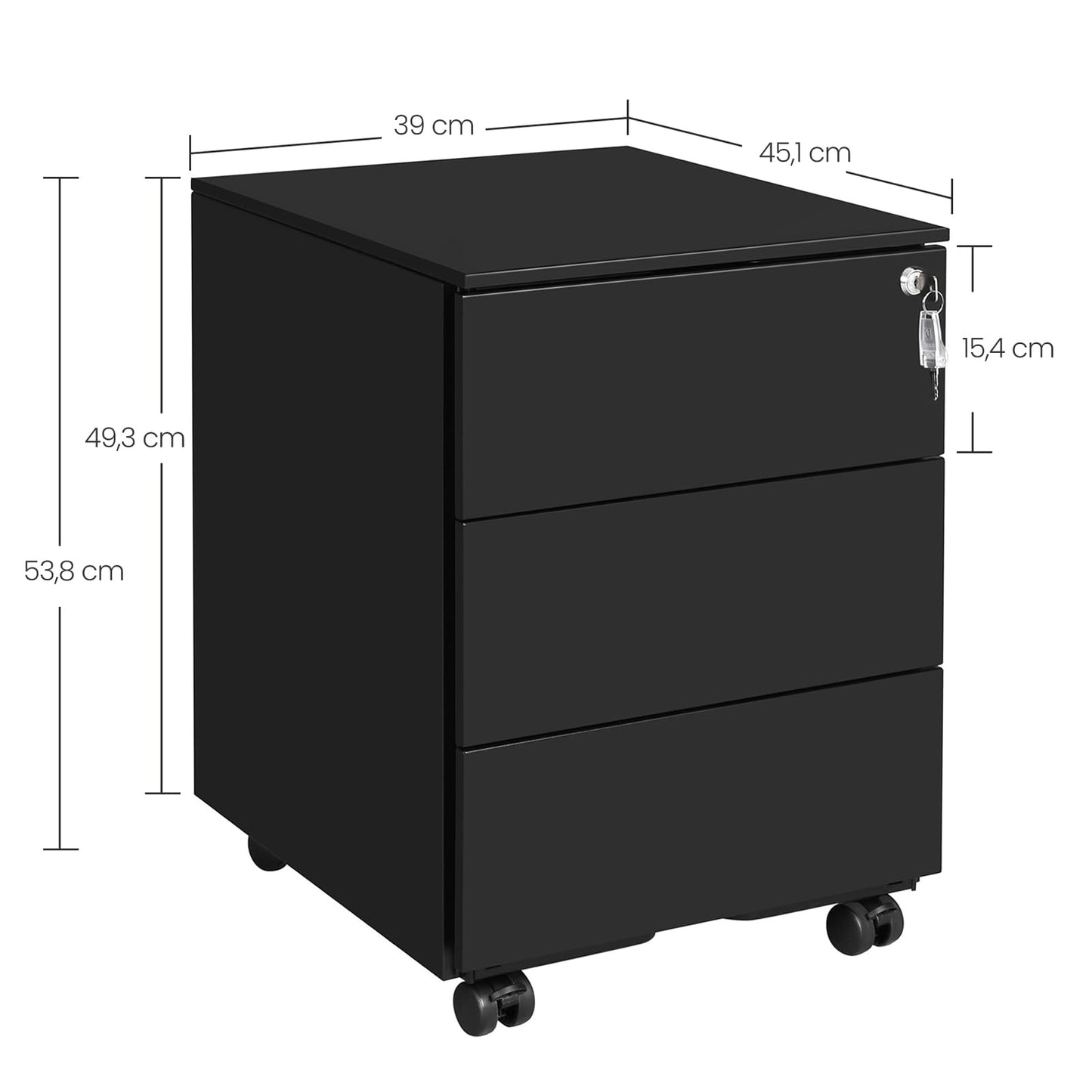 SONGMICS Rollcontainer, Metallschrank, mobiler Aktenschrank, Druckertisch, abschließbar, 3 Schubladen, Unterschrank, vormontiert, Büro, Homeoffice, 45,1 x 39 x 53,8 cm, tintenschwarz OFC63BK