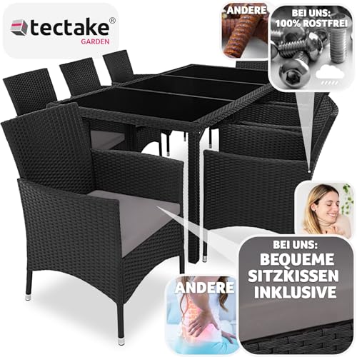 tectake® edles Outdoor Gartenmöbel Set Rattan Sitzgruppe mit Sessel und Tisch für 8 Personen, inkl. Schutzhülle und Polstern, Balkon Möbel wetterfest - schwarz/grau